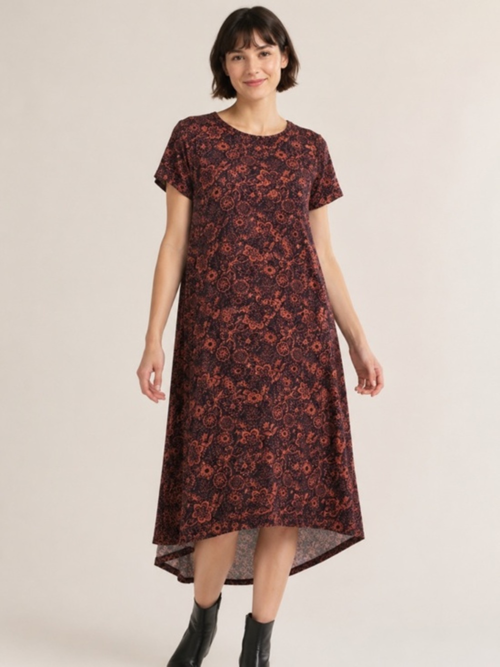 LuLaRoe Carly XXS Burgundy Floral Hi Low Swing Maxi T-Shirt Dress